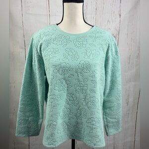 Oscar De La Renta Women's Tiffany Blue Fleece Pullover Embossed Floral Pattern